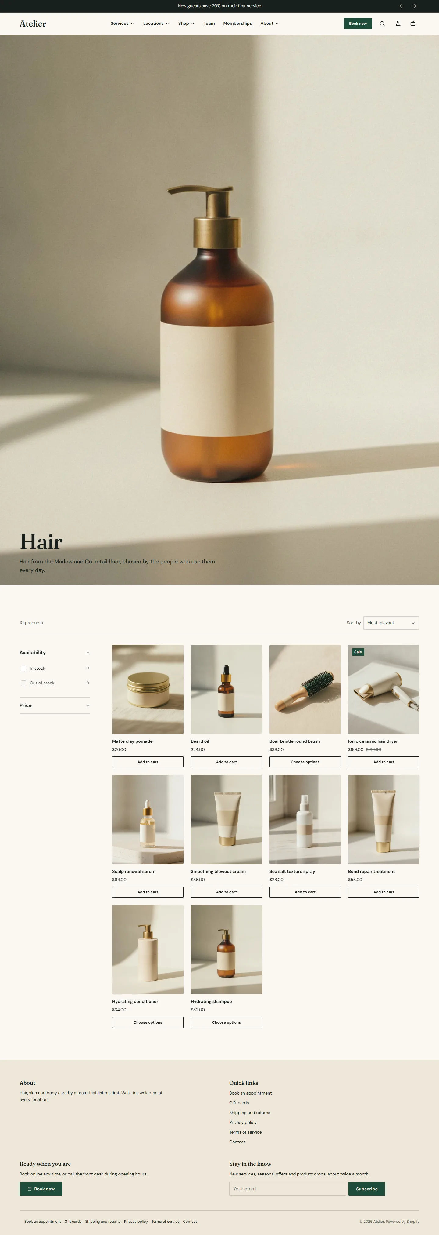 The demo Hair collection: banner with the collection image, filter sidebar, four-column grid.