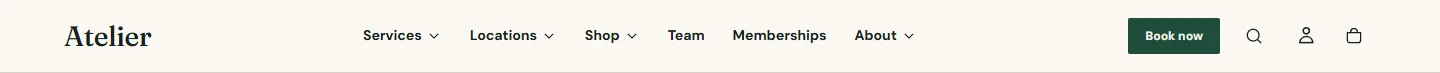 The header at desktop width: logo, centered menu, Book now, search, account and cart.
