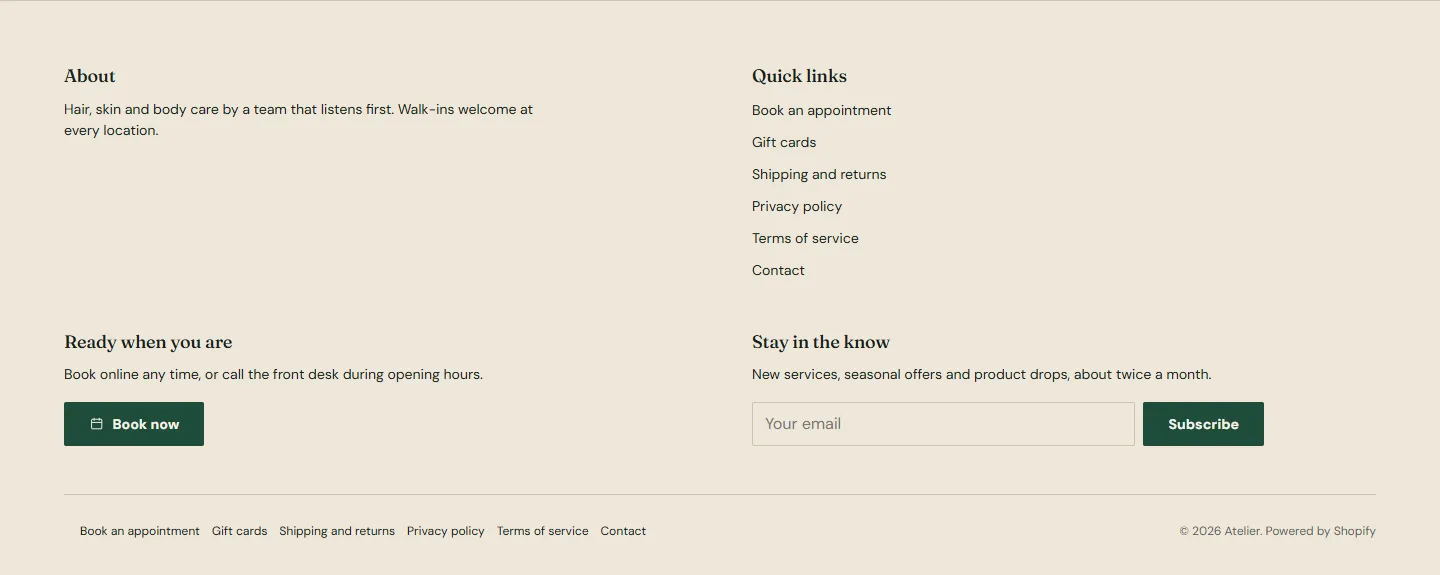 The demo footer: about text with social icons, quick links, a booking card and the email signup.