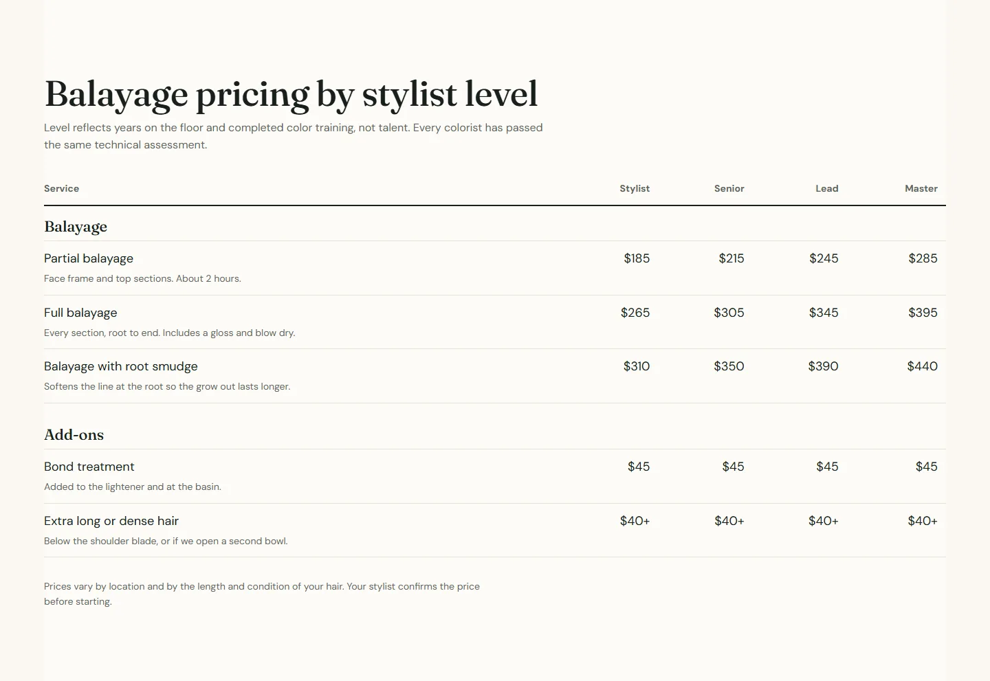 The demo's balayage table: four stylist levels, group rows, a note under each service.