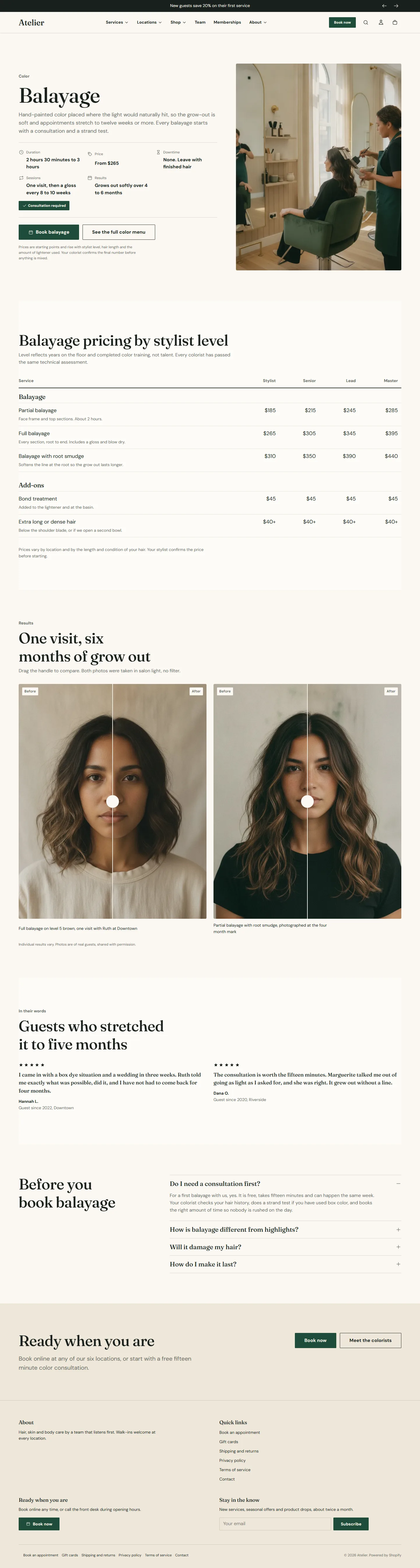 The demo's Balayage page: facts strip, four-column price table, before and after, two quotes, four questions and a closing banner.