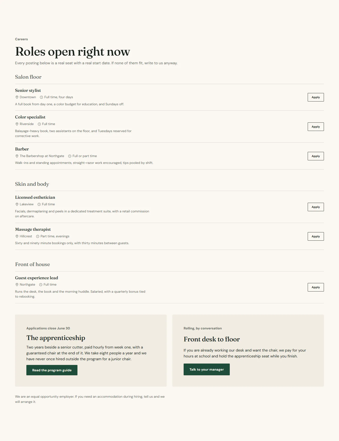 Open roles grouped by department with an apply link each.