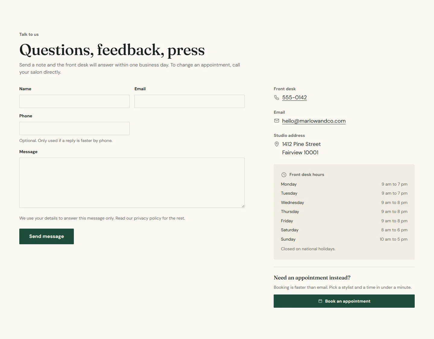The contact form beside the front desk details, hours and map.