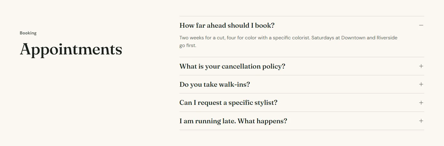 An FAQ section with the heading beside the questions.