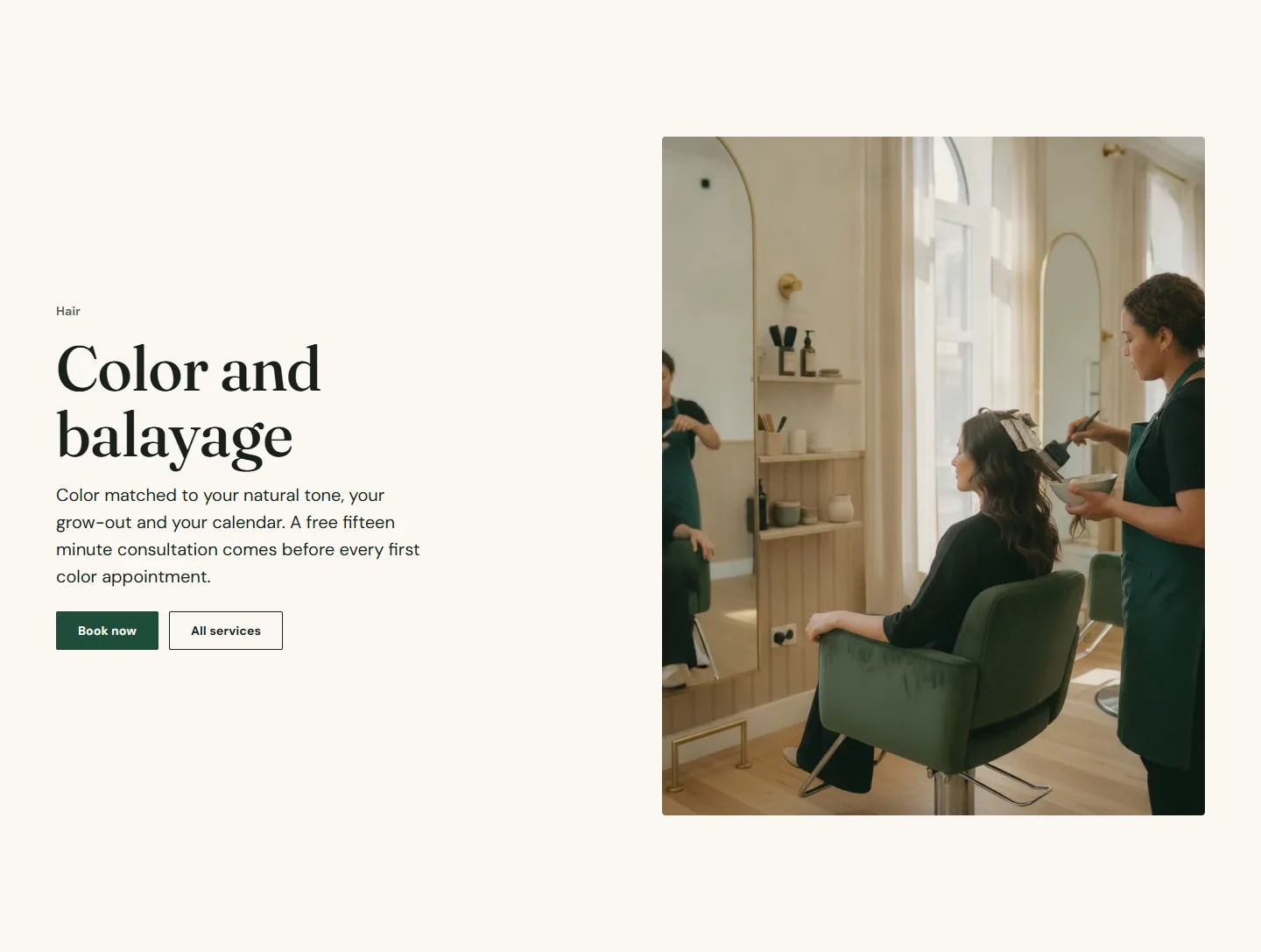 The opener with the category name, a paragraph and the booking button beside a portrait.
