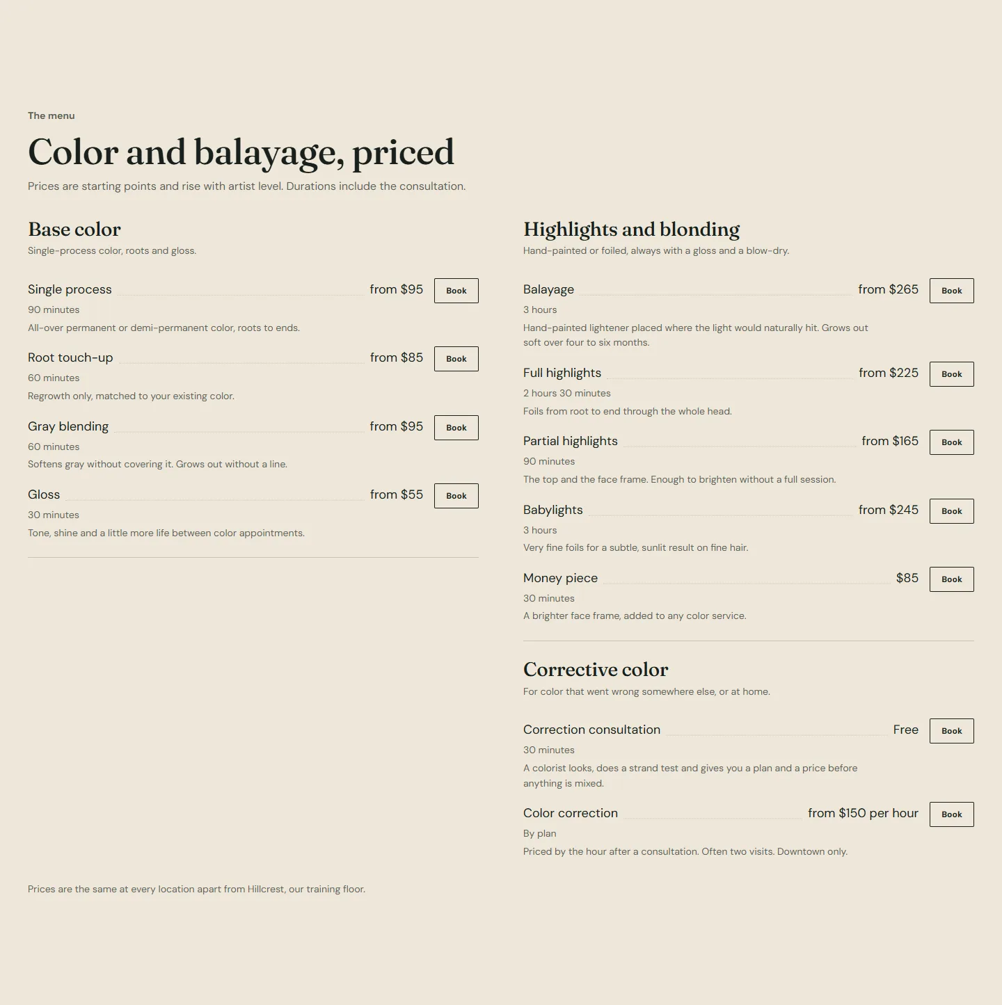 The priced menu in two columns with a Book button on every row.