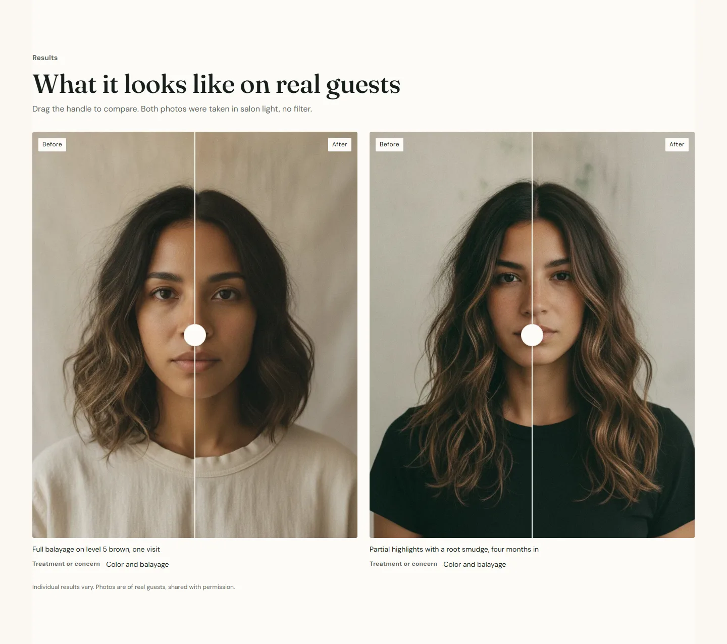 Two balayage pairs on the Color and balayage page, with the disclaimer below.