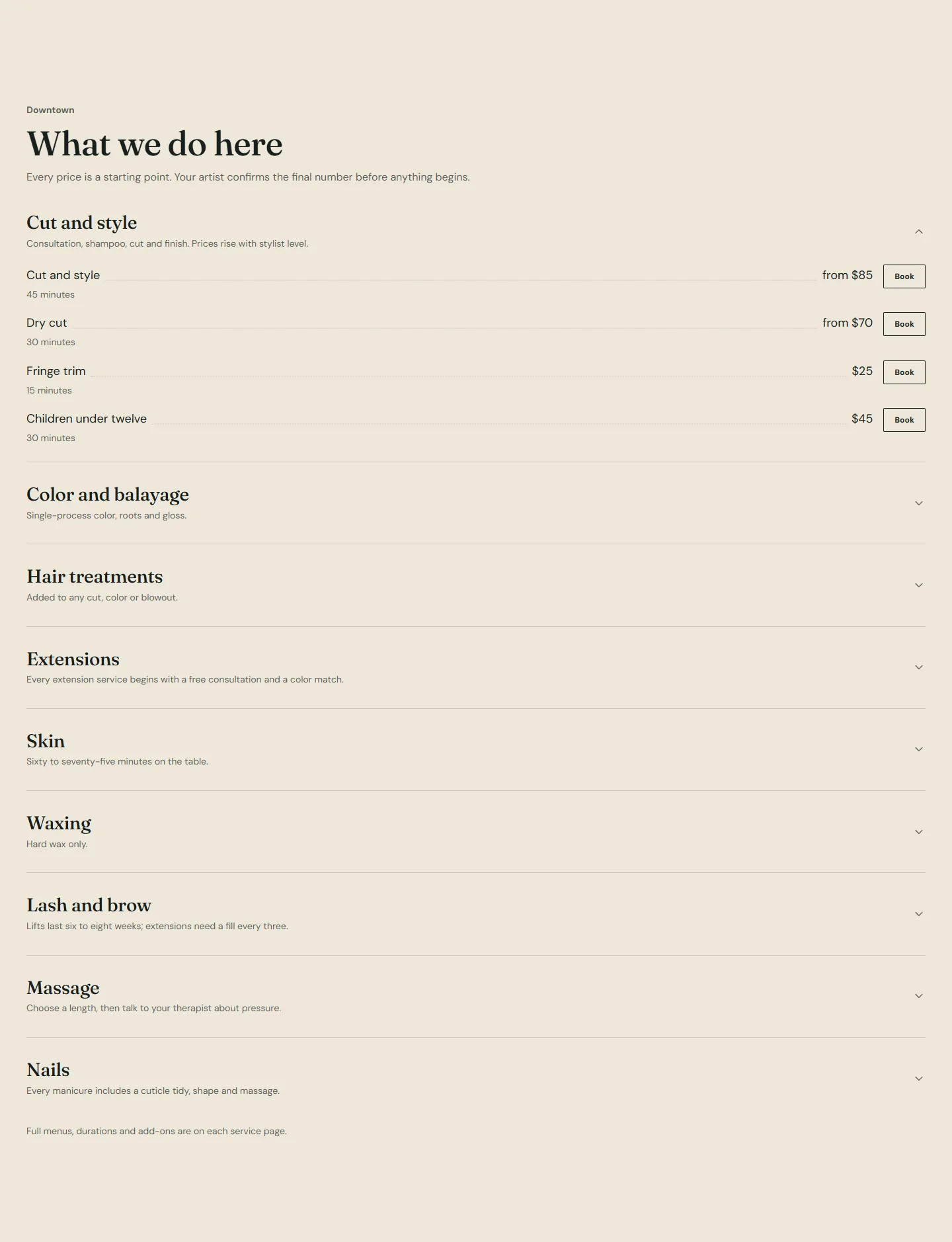 On a location page the same section uses the collapsible layout with the first category open.