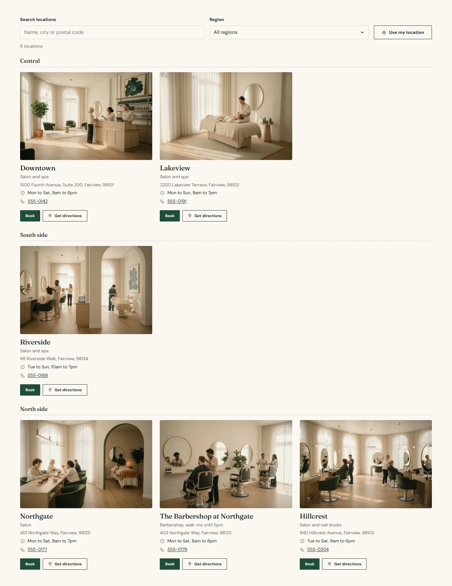 Six location cards under a search box and filters.