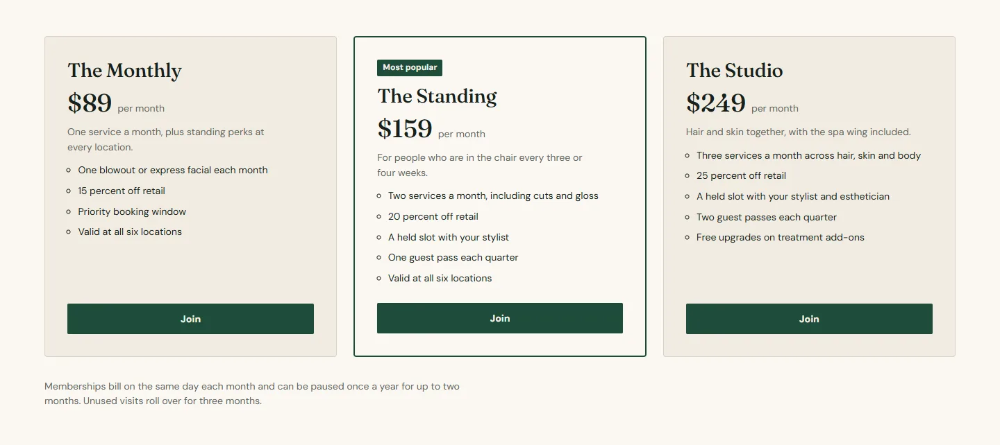 Three membership plans as cards with one featured.