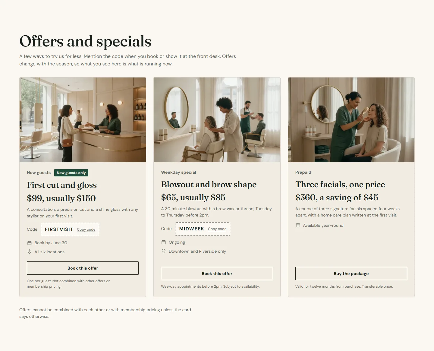 Three offer cards with copyable codes.