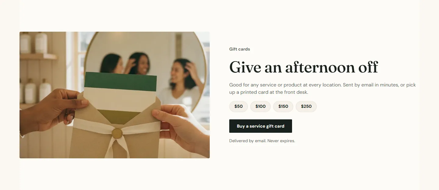 The demo's gift card band: amounts, a note, a Buy a gift card button for the Shopify product and a second button for service gift cards.
