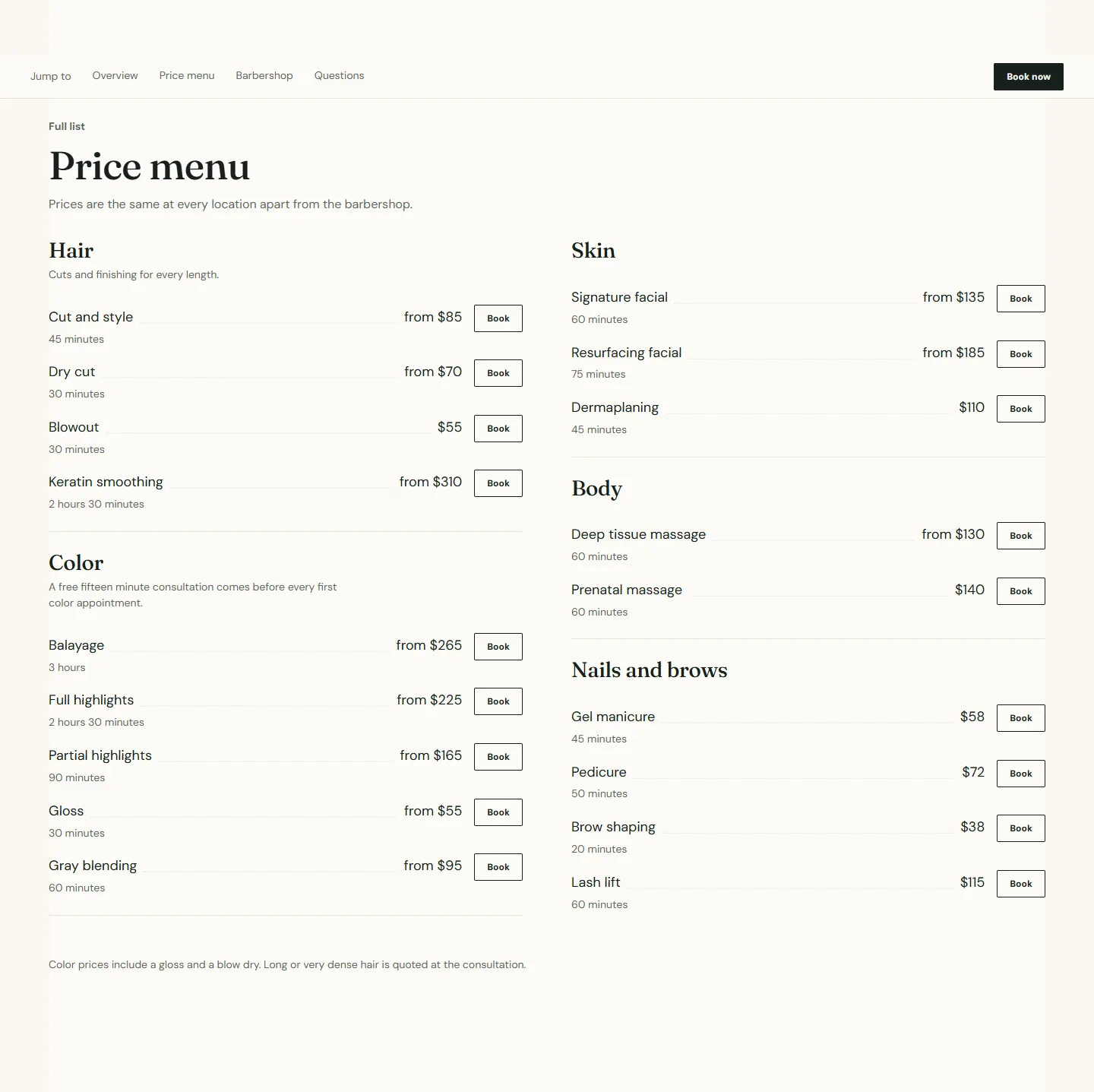 The demo price menu with a Book button on every row.