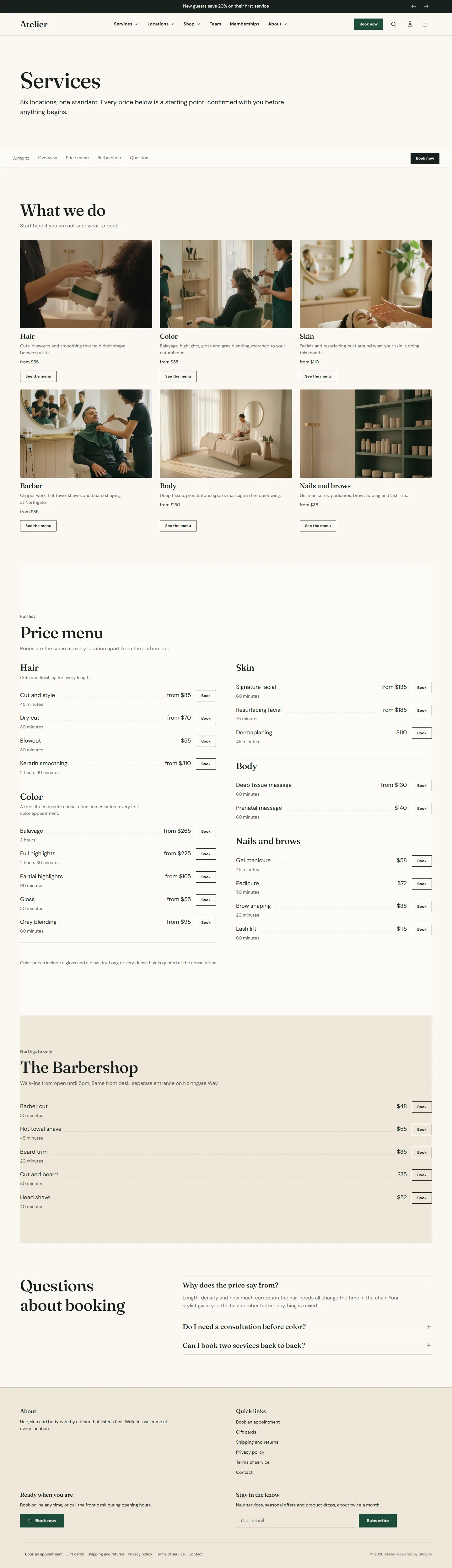 The demo services page: intro, sticky jump menu, six category cards, the two-column price menu, the barbershop menu and questions.