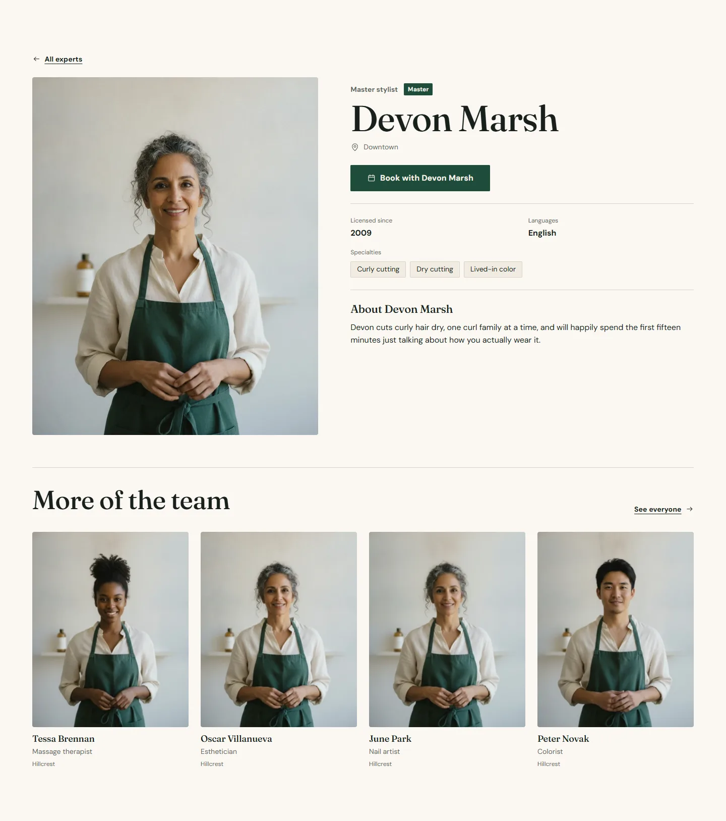 An expert profile page: portrait, role, location, specialties, languages, licensed since, bio and a Book button. No price, no cart.