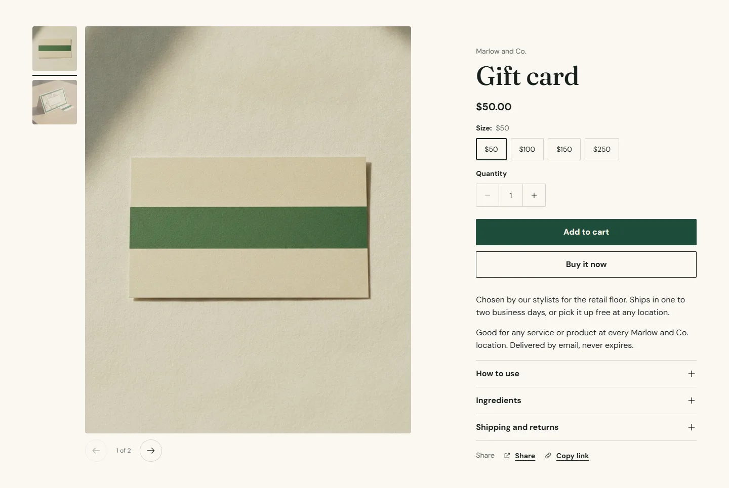 The gift card product page with the recipient form.