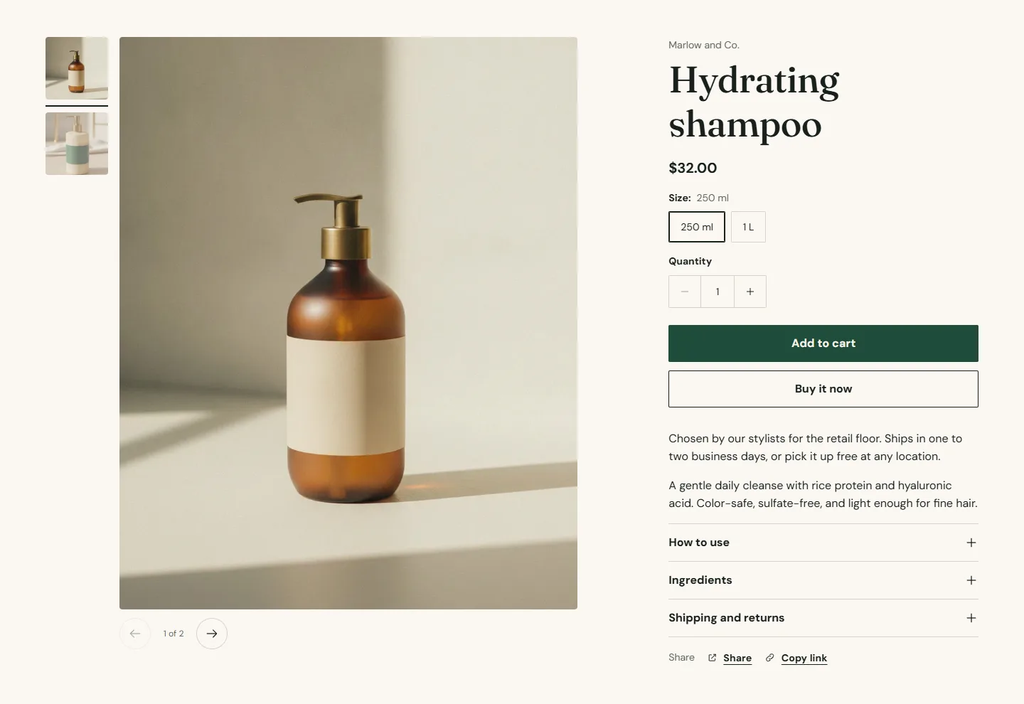 The demo shampoo has no selling plan, so the buy buttons show without the purchase options group; it appears the moment a plan is attached.