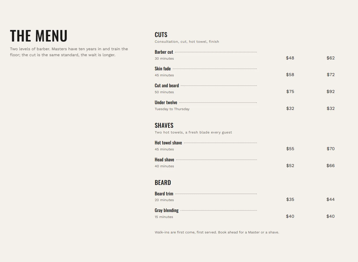 Barber: zero radius everywhere, bold lines, the printed-menu style.