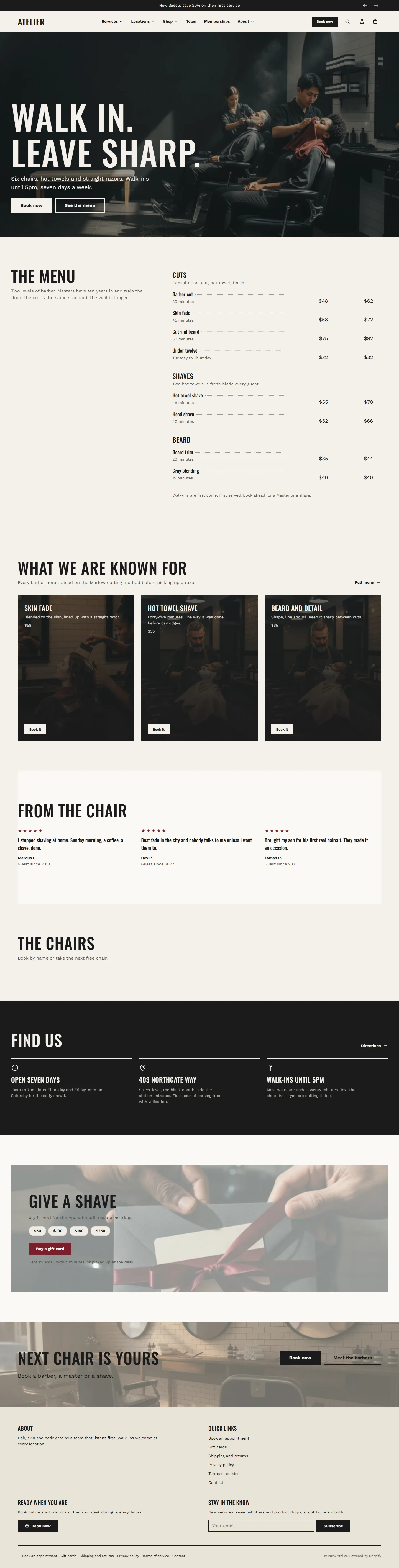 The Barber preset home page leads with a printed-style price table under an uppercase hero.
