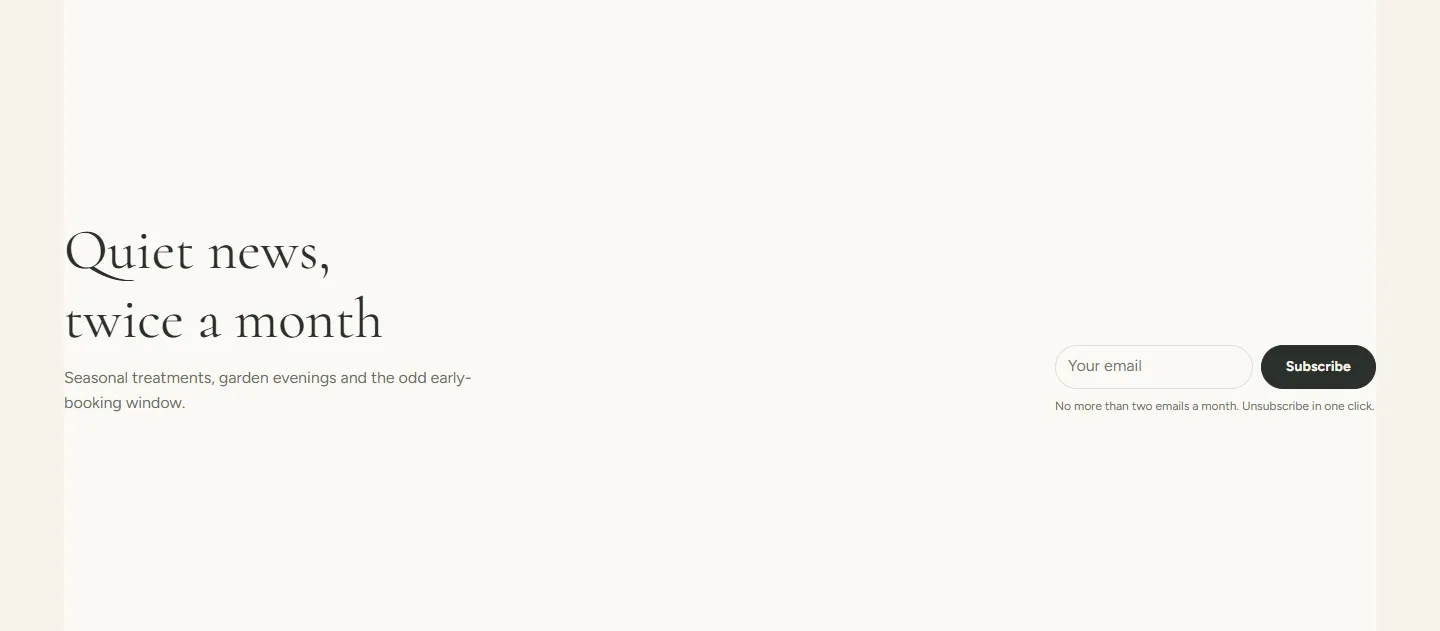 The Spa preset home page uses the Email signup section as a band before the closing call to action.